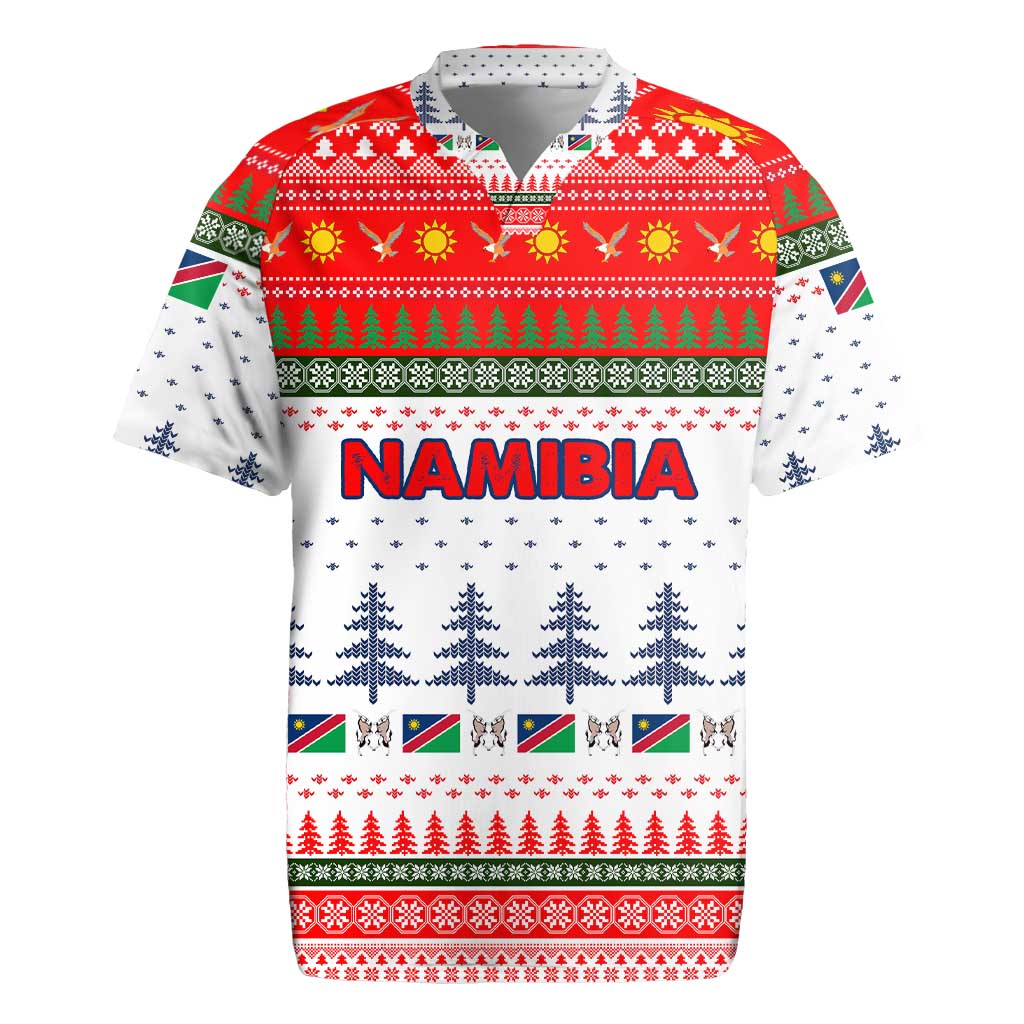 Namibia Christmas Rugby Jersey with Red-Green Theme, Coat of Arms, and National Flag Motif - Wonder Print Shop