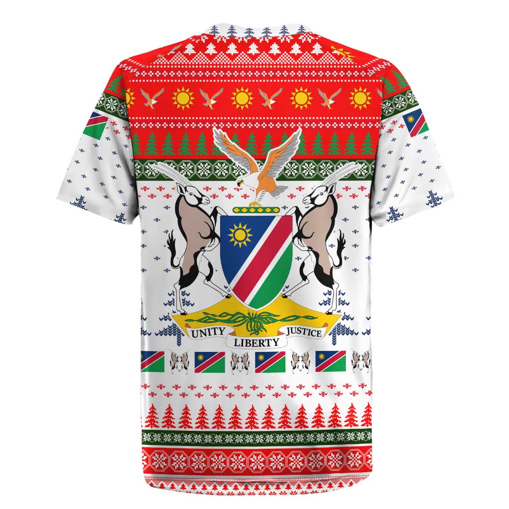 Namibia Christmas Rugby Jersey with Red-Green Theme, Coat of Arms, and National Flag Motif - Wonder Print Shop