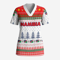 Namibia Christmas Scrub Top with Red-Green Theme, Coat of Arms, and National Flag Motif - Wonder Print Shop