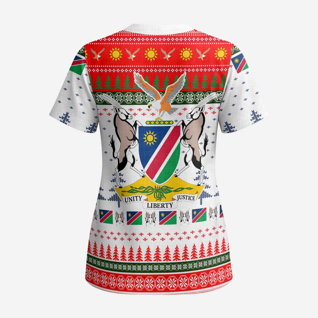 Namibia Christmas Scrub Top with Red-Green Theme, Coat of Arms, and National Flag Motif - Wonder Print Shop