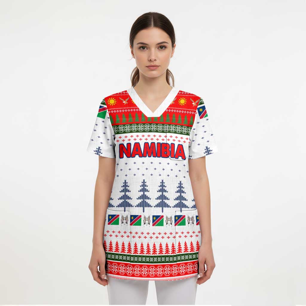 Namibia Christmas Scrub Top with Red-Green Theme, Coat of Arms, and National Flag Motif - Wonder Print Shop