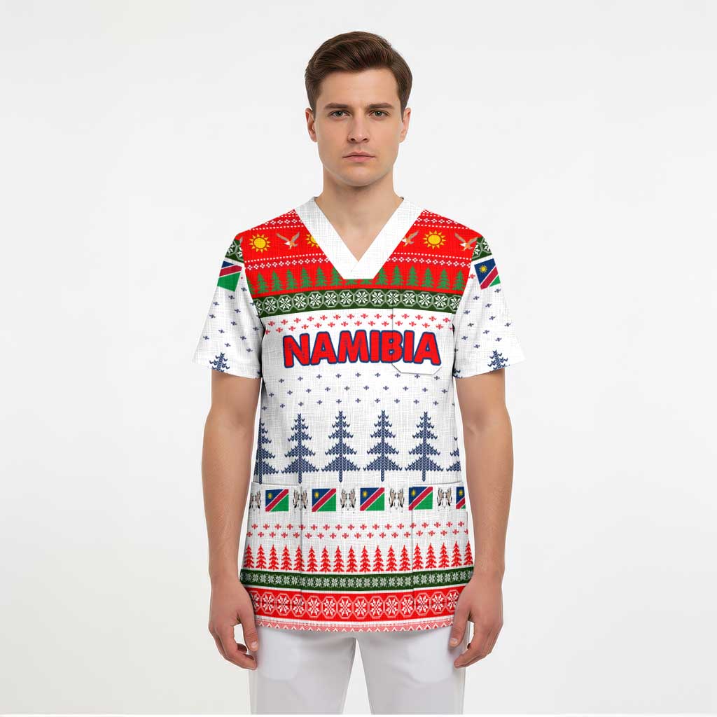 Namibia Christmas Scrub Top with Red-Green Theme, Coat of Arms, and National Flag Motif - Wonder Print Shop