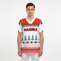 Namibia Christmas Scrub Top with Red-Green Theme, Coat of Arms, and National Flag Motif - Wonder Print Shop