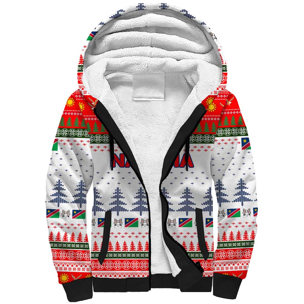 Namibia Christmas Sherpa Hoodie with Red-Green Theme, Coat of Arms, and National Flag Motif - Wonder Print Shop