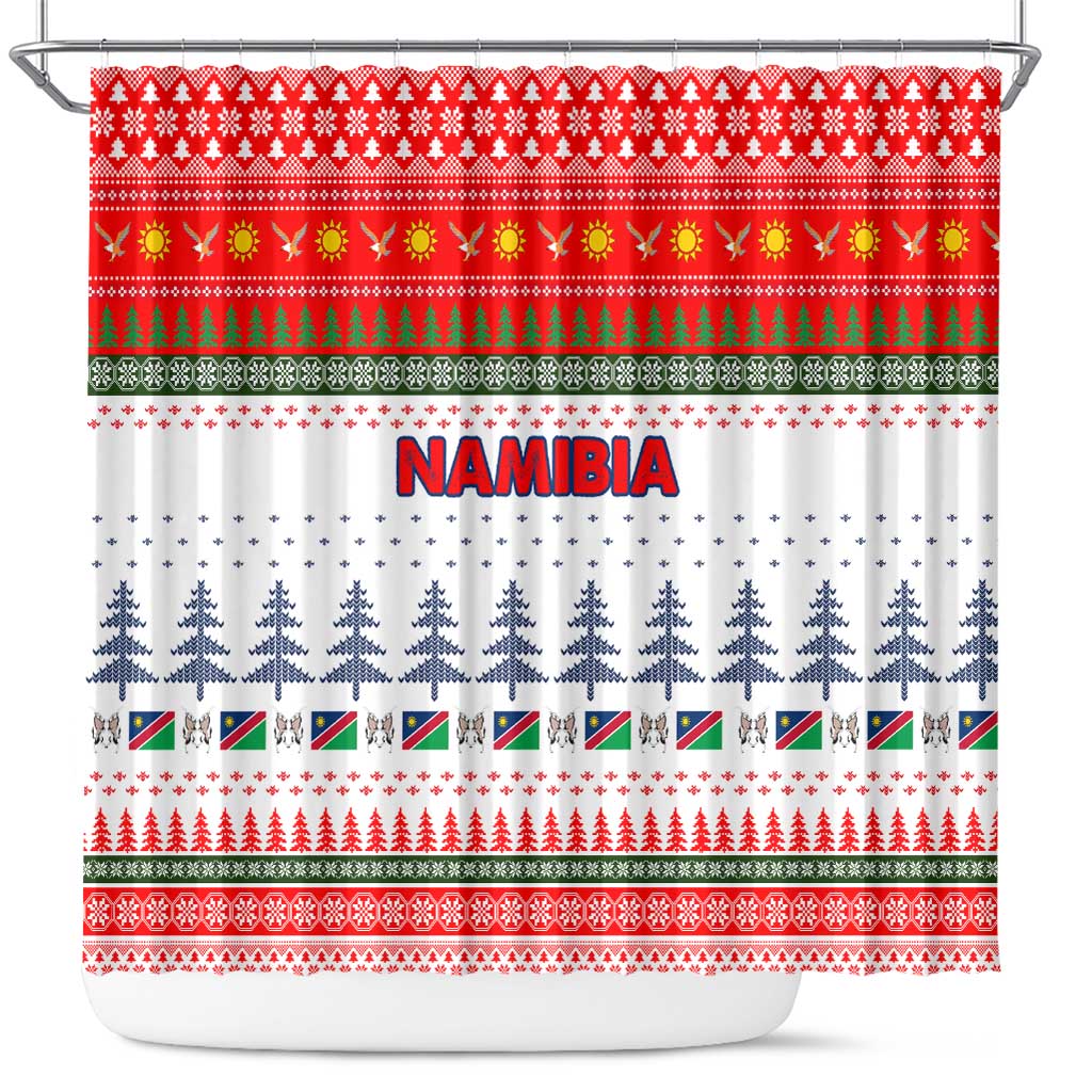 Namibia Christmas Shower Curtain with Red-Green Theme, Coat of Arms, and National Flag Motif - Wonder Print Shop