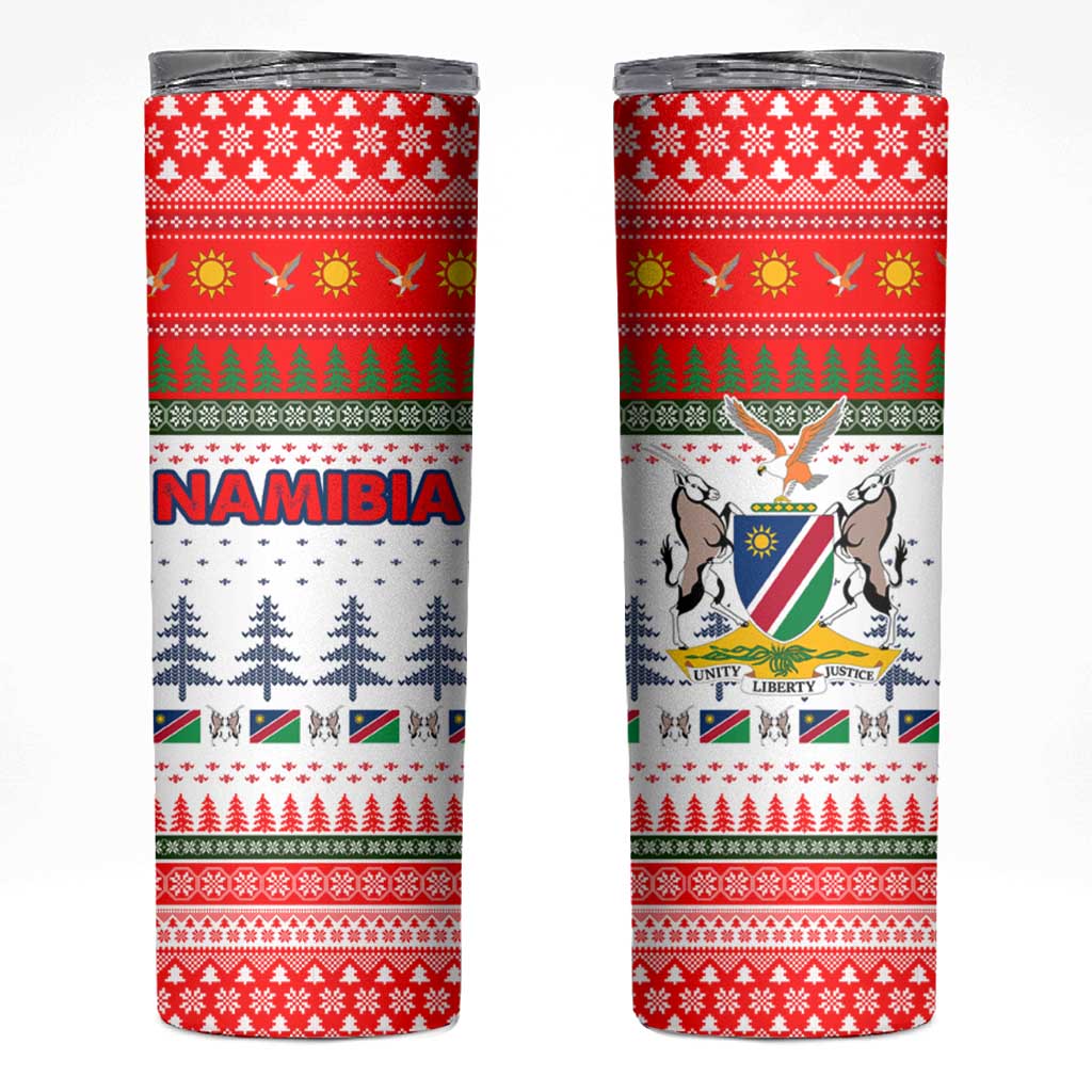 Namibia Christmas Skinny Tumbler with Red-Green Theme, Coat of Arms, and National Flag Motif - Wonder Print Shop