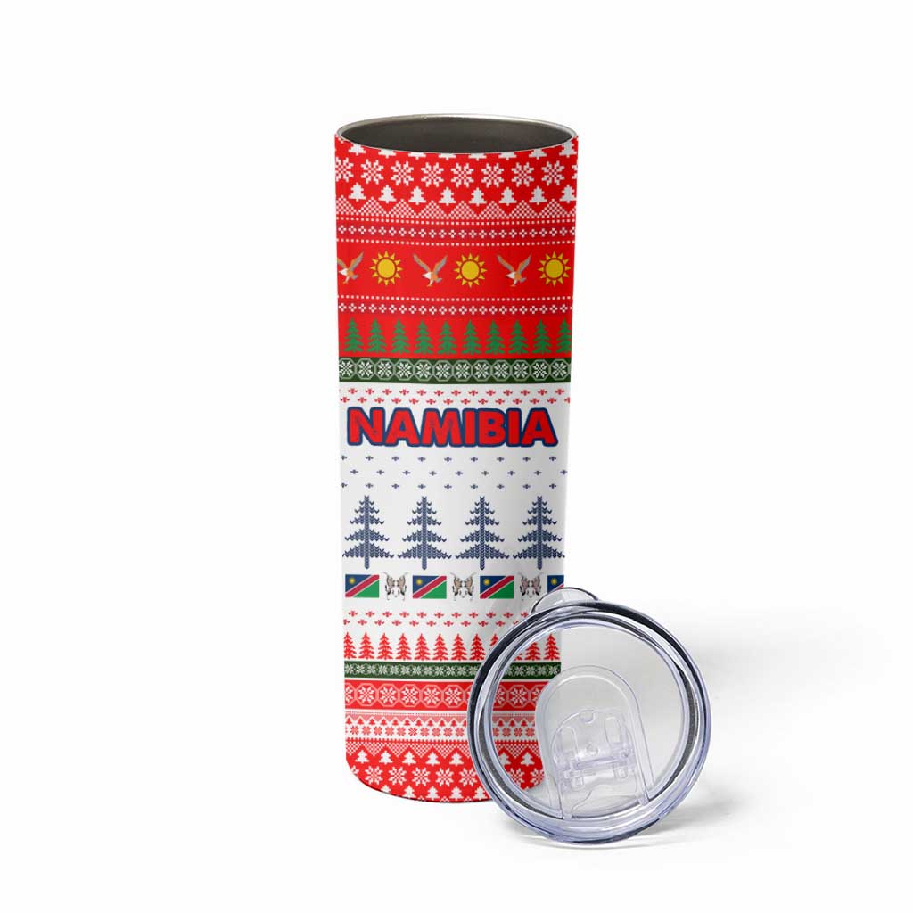 Namibia Christmas Skinny Tumbler with Red-Green Theme, Coat of Arms, and National Flag Motif - Wonder Print Shop