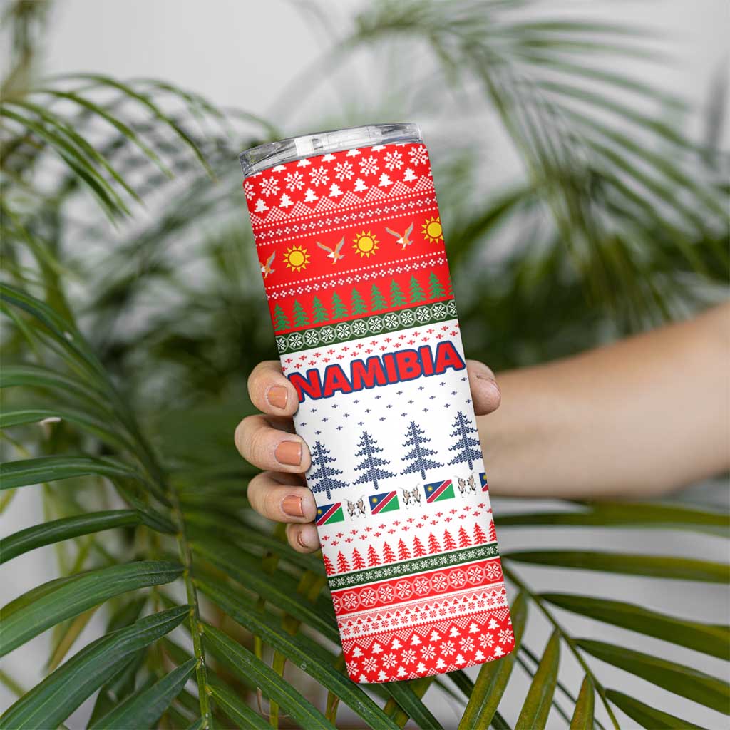 Namibia Christmas Skinny Tumbler with Red-Green Theme, Coat of Arms, and National Flag Motif - Wonder Print Shop