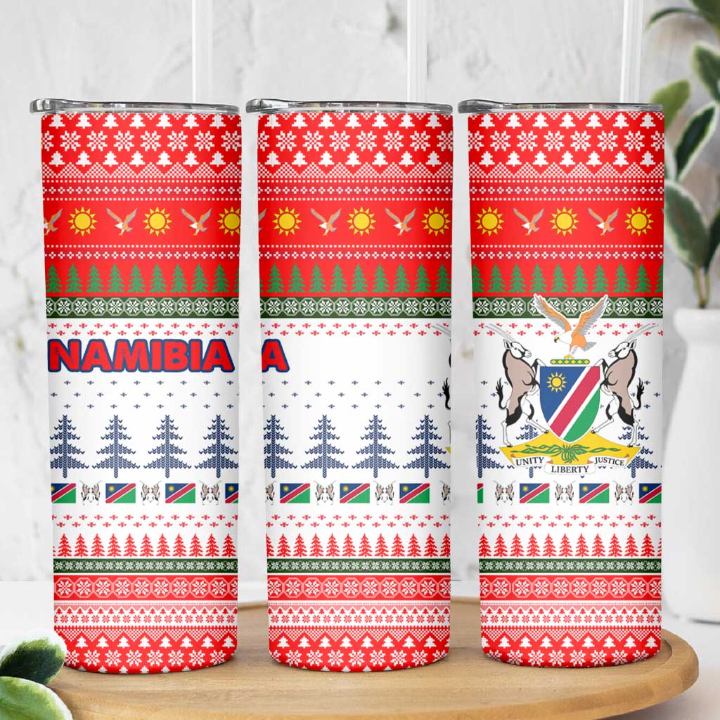 Namibia Christmas Skinny Tumbler with Red-Green Theme, Coat of Arms, and National Flag Motif - Wonder Print Shop