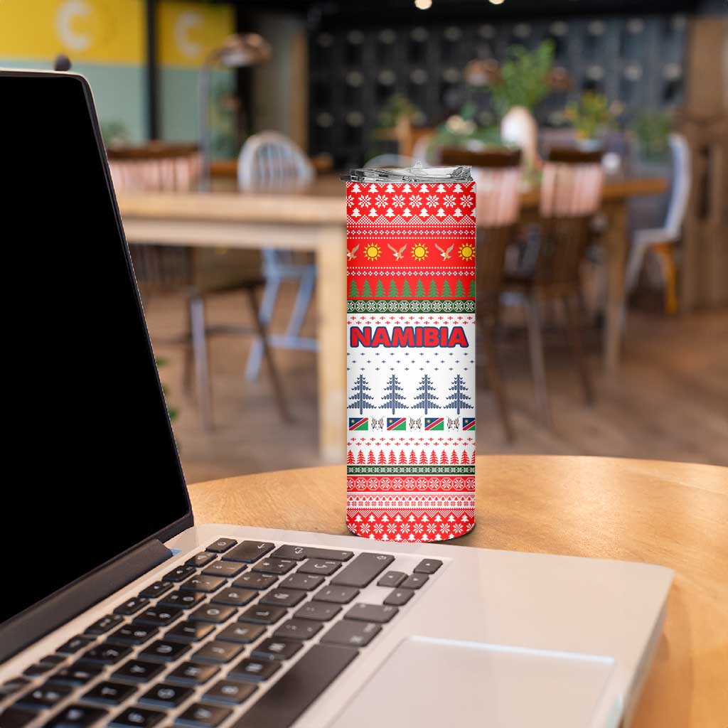 Namibia Christmas Skinny Tumbler with Red-Green Theme, Coat of Arms, and National Flag Motif - Wonder Print Shop