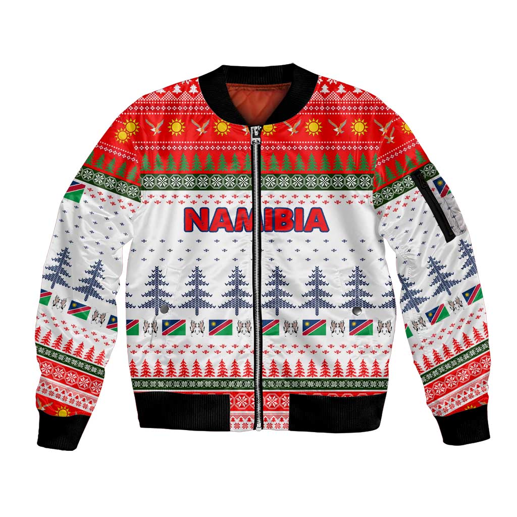 Namibia Christmas Sleeve Zip Bomber Jacket with Red-Green Theme, Coat of Arms, and National Flag Motif - Wonder Print Shop