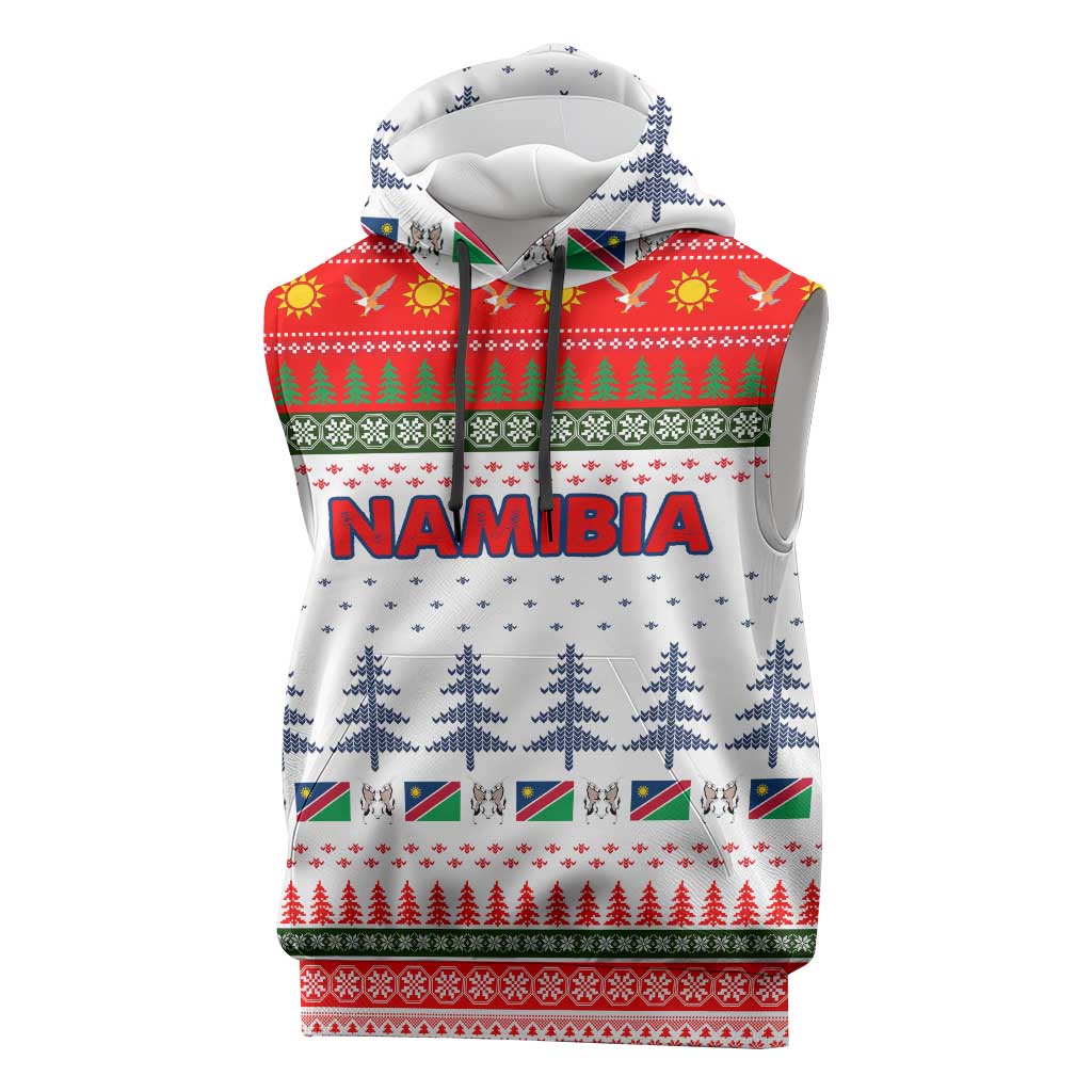 Namibia Christmas Sleeveless Hoodie with Red-Green Theme, Coat of Arms, and National Flag Motif - Wonder Print Shop