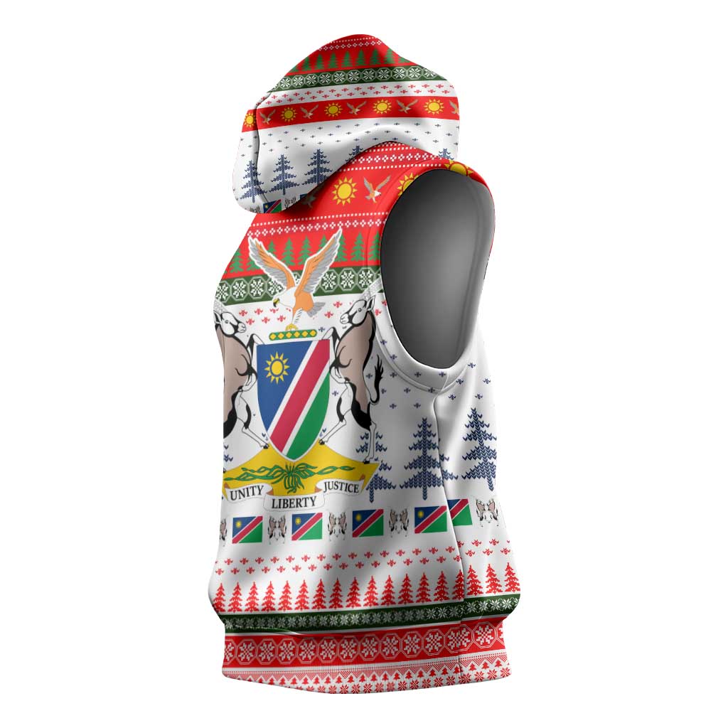 Namibia Christmas Sleeveless Hoodie with Red-Green Theme, Coat of Arms, and National Flag Motif - Wonder Print Shop