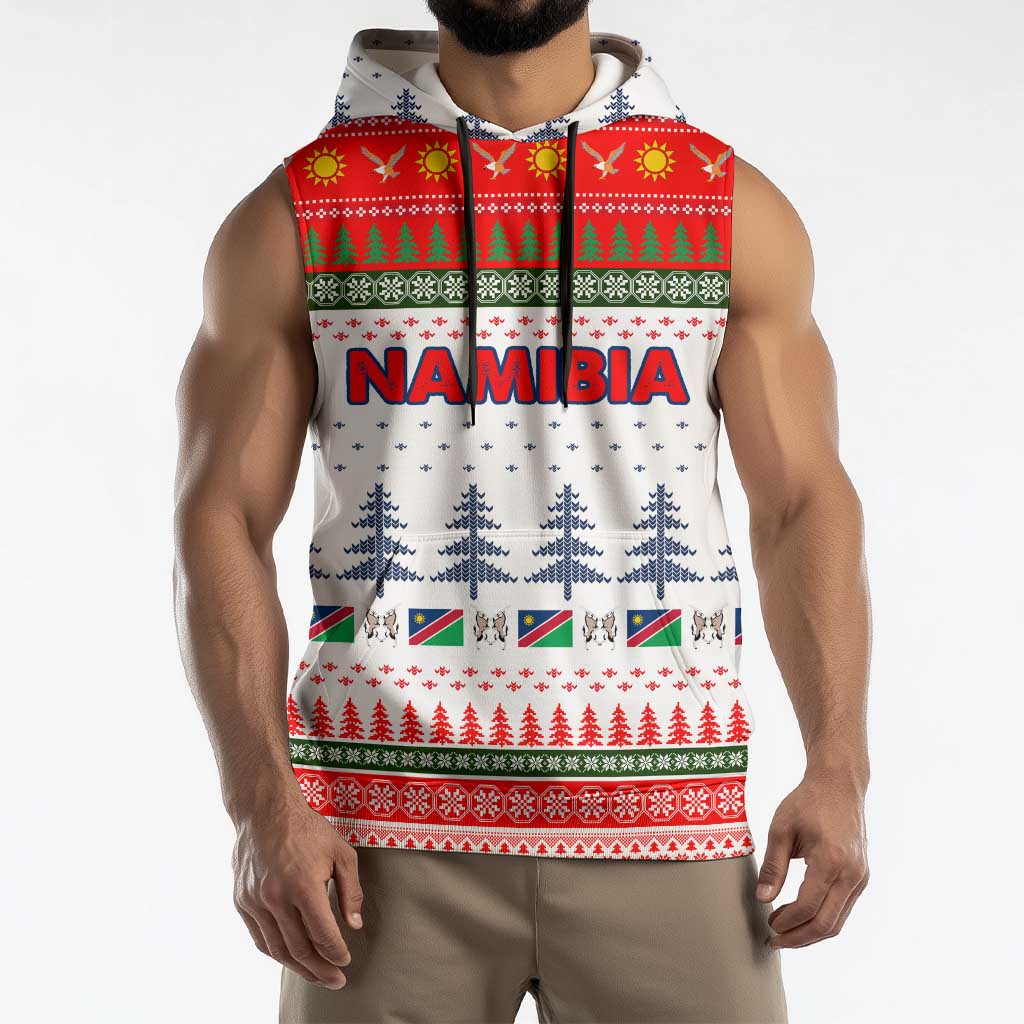 Namibia Christmas Sleeveless Hoodie with Red-Green Theme, Coat of Arms, and National Flag Motif - Wonder Print Shop