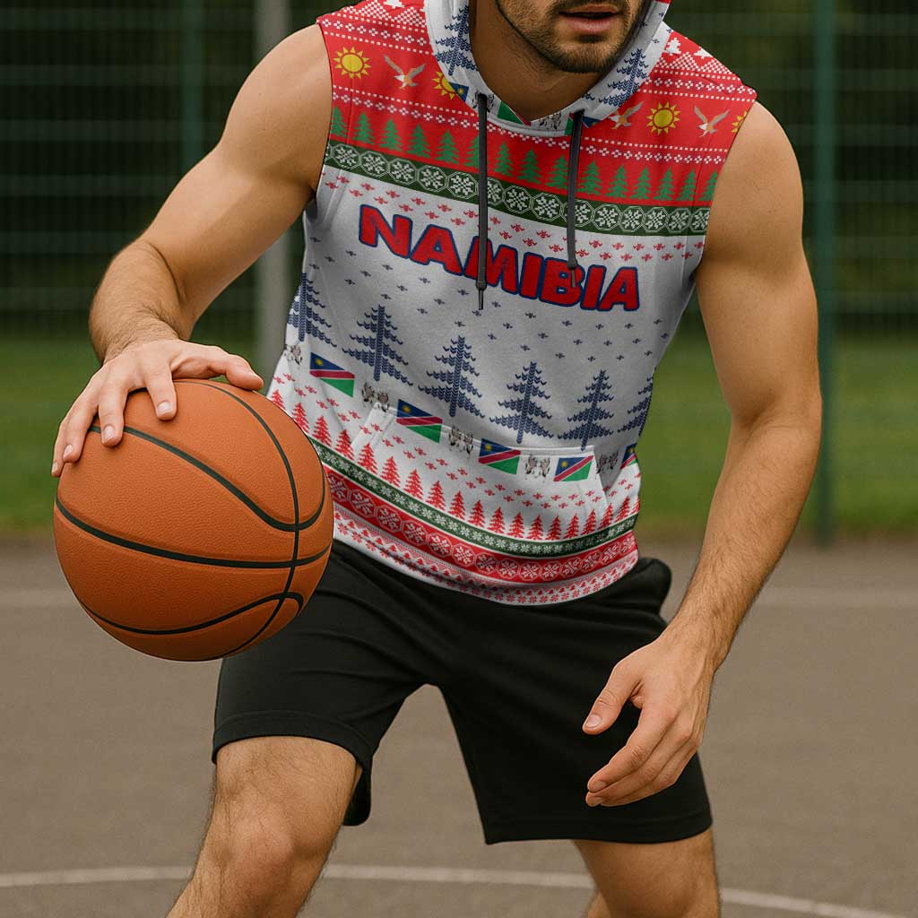Namibia Christmas Sleeveless Hoodie with Red-Green Theme, Coat of Arms, and National Flag Motif - Wonder Print Shop
