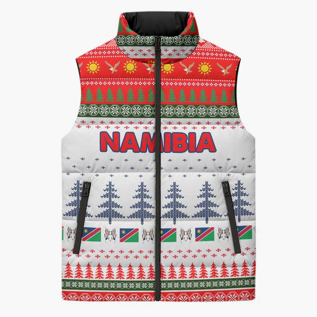 Namibia Christmas Sleeveless Puffer Jacket with Red-Green Theme, Coat of Arms, and National Flag Motif - Wonder Print Shop