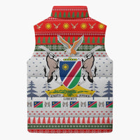 Namibia Christmas Sleeveless Puffer Jacket with Red-Green Theme, Coat of Arms, and National Flag Motif - Wonder Print Shop