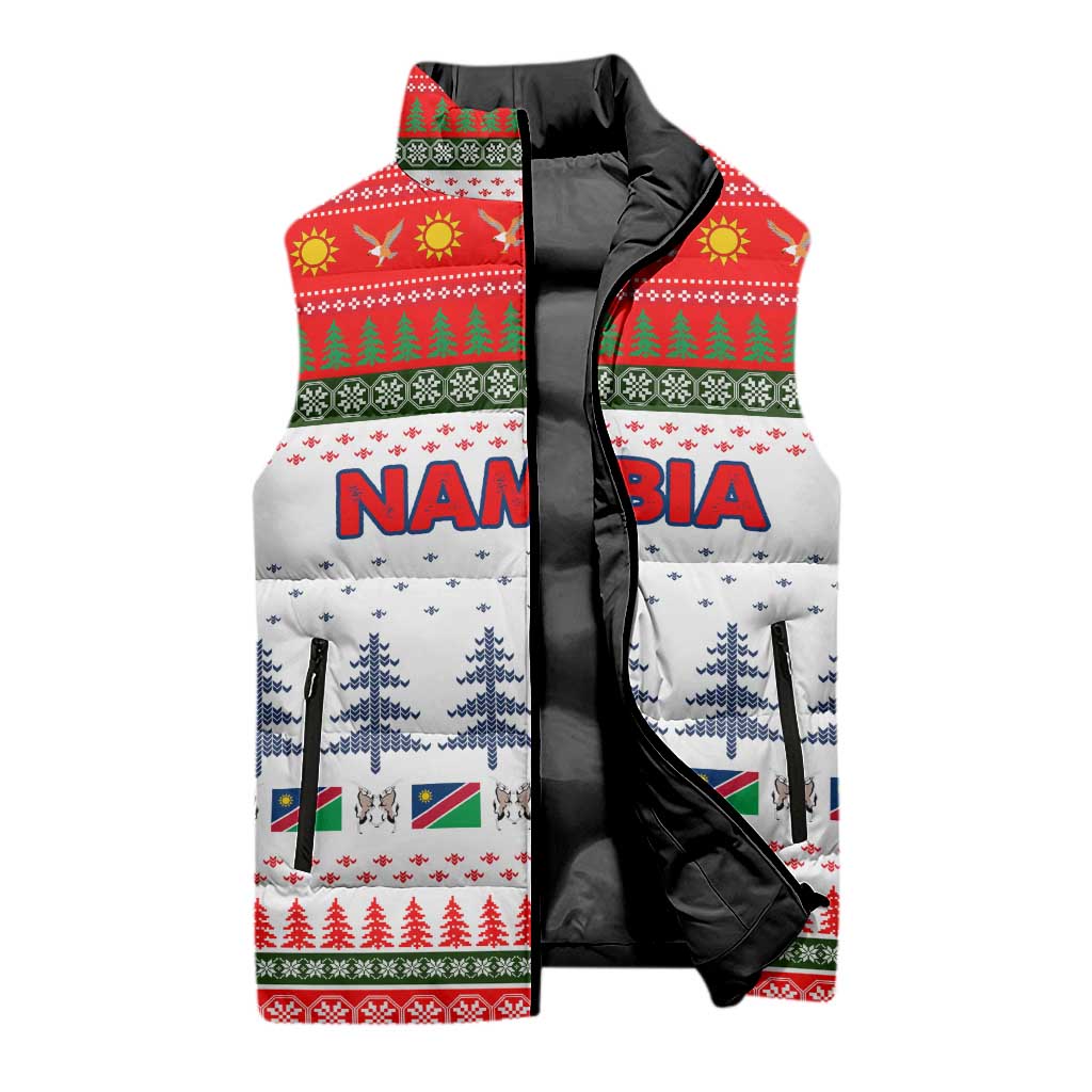 Namibia Christmas Sleeveless Puffer Jacket with Red-Green Theme, Coat of Arms, and National Flag Motif - Wonder Print Shop