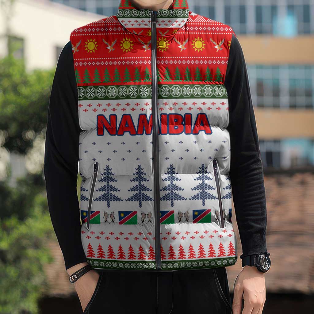 Namibia Christmas Sleeveless Puffer Jacket with Red-Green Theme, Coat of Arms, and National Flag Motif - Wonder Print Shop