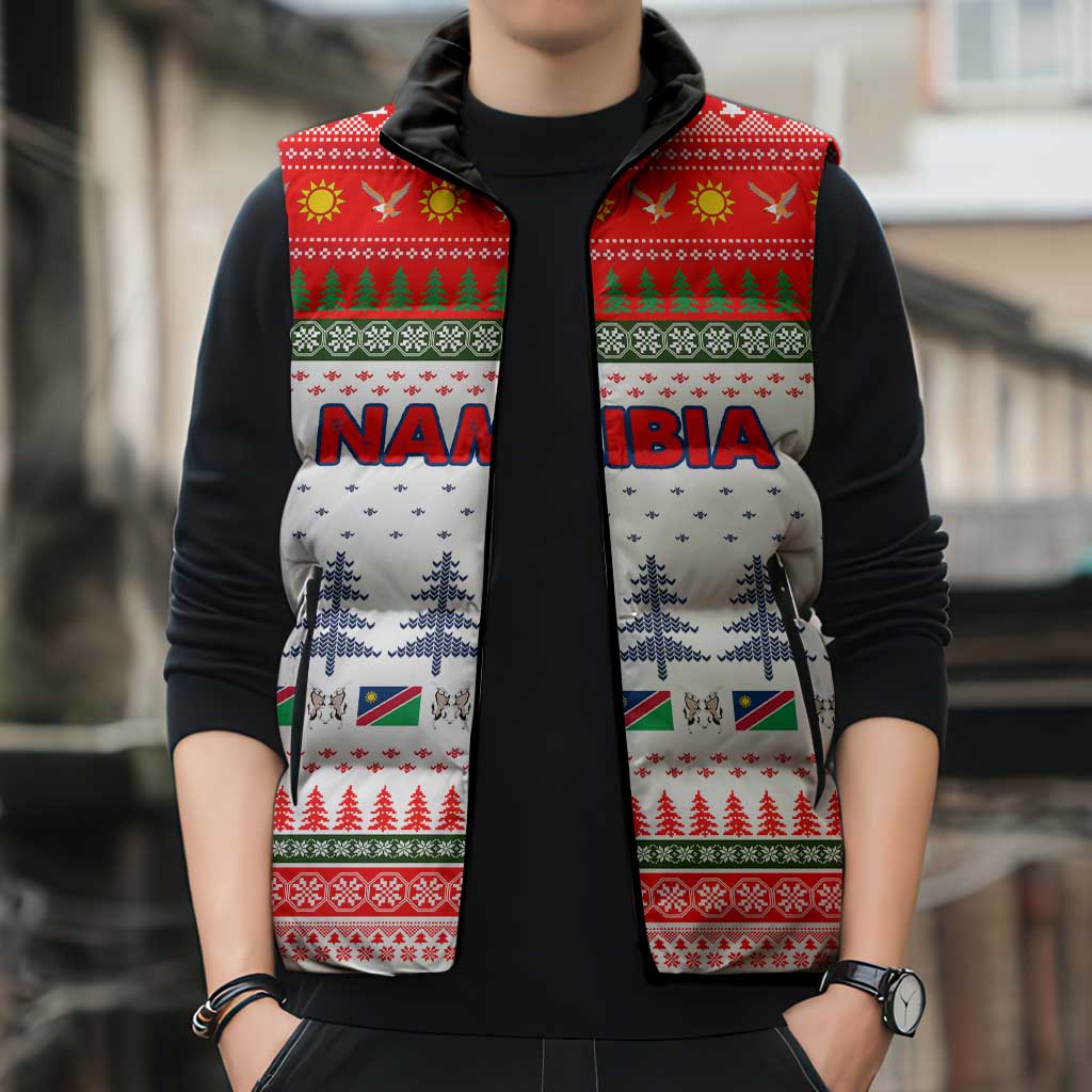 Namibia Christmas Sleeveless Puffer Jacket with Red-Green Theme, Coat of Arms, and National Flag Motif - Wonder Print Shop