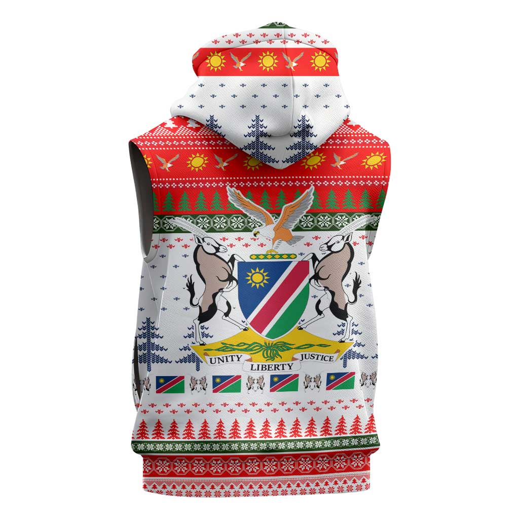 Namibia Christmas Sleeveless Zip Hoodie with Red-Green Theme, Coat of Arms, and National Flag Motif - Wonder Print Shop