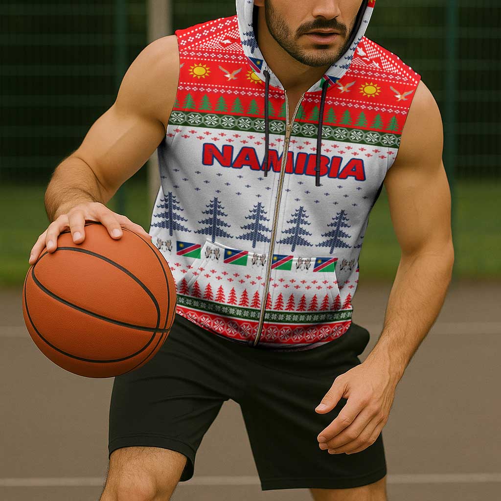 Namibia Christmas Sleeveless Zip Hoodie with Red-Green Theme, Coat of Arms, and National Flag Motif - Wonder Print Shop