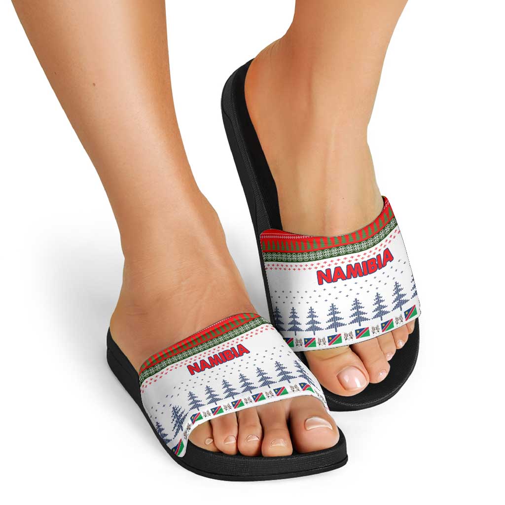 Namibia Christmas Slide Sandals with Red-Green Theme, Coat of Arms, and National Flag Motif - Wonder Print Shop