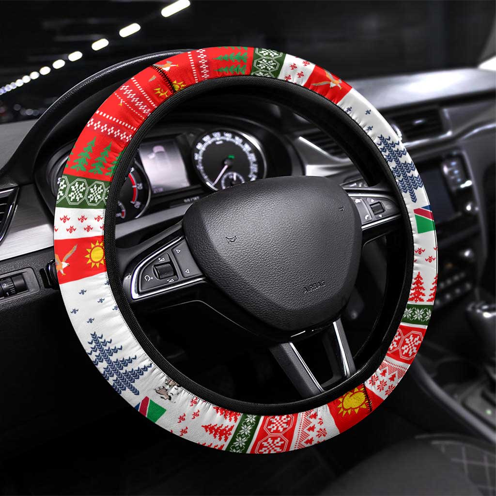 Namibia Christmas Steering Wheel Cover with Red-Green Theme, Coat of Arms, and National Flag Motif - Wonder Print Shop