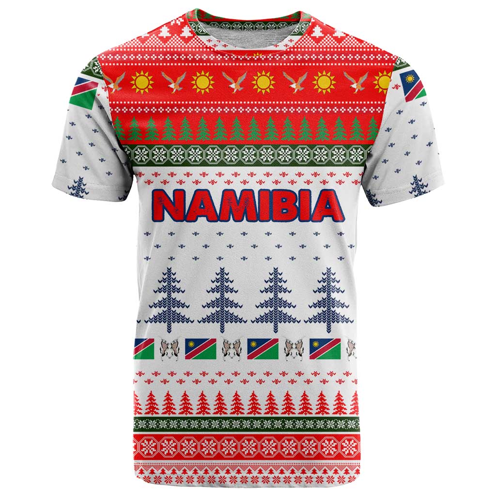 Namibia Christmas T Shirt with Red-Green Theme, Coat of Arms, and National Flag Motif - Wonder Print Shop