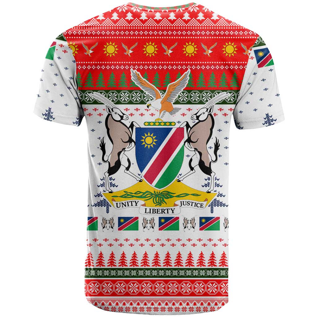 Namibia Christmas T Shirt with Red-Green Theme, Coat of Arms, and National Flag Motif - Wonder Print Shop