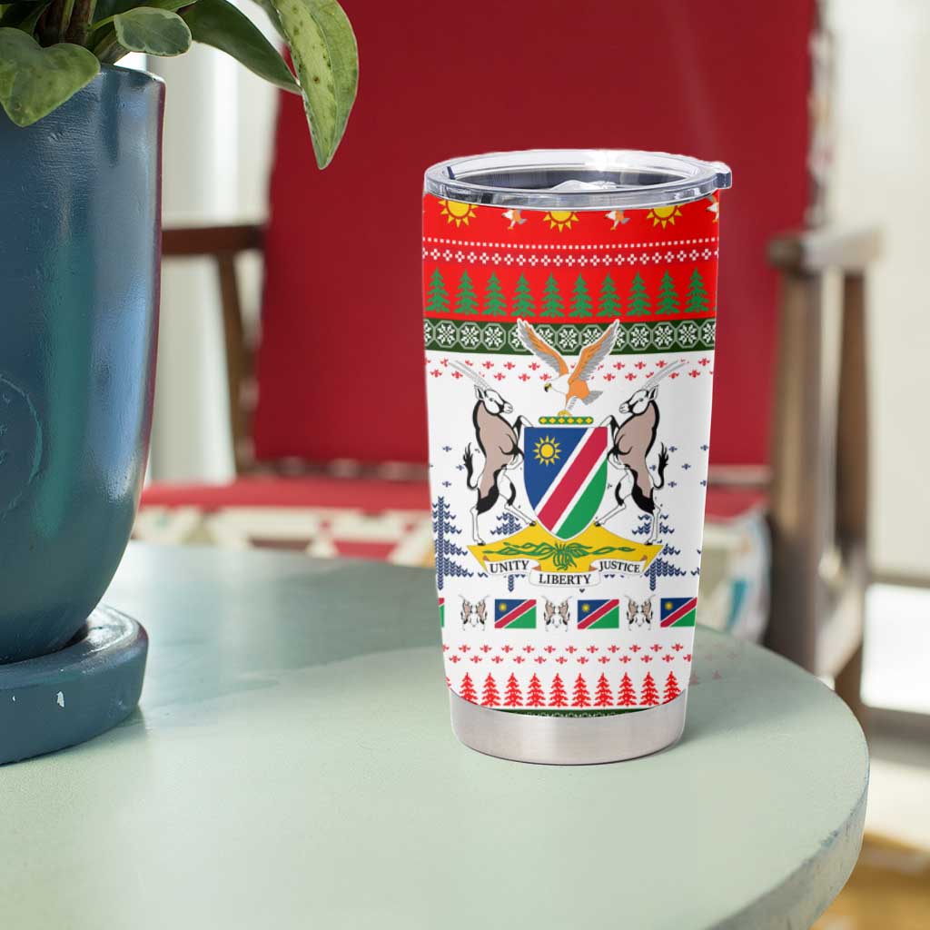 Namibia Christmas Tumbler Cup with Red-Green Theme, Coat of Arms, and National Flag Motif - Wonder Print Shop