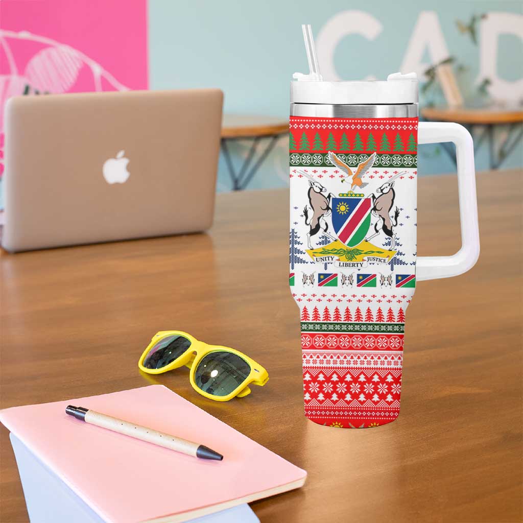 Namibia Christmas Tumbler With Handle with Red-Green Theme, Coat of Arms, and National Flag Motif - Wonder Print Shop