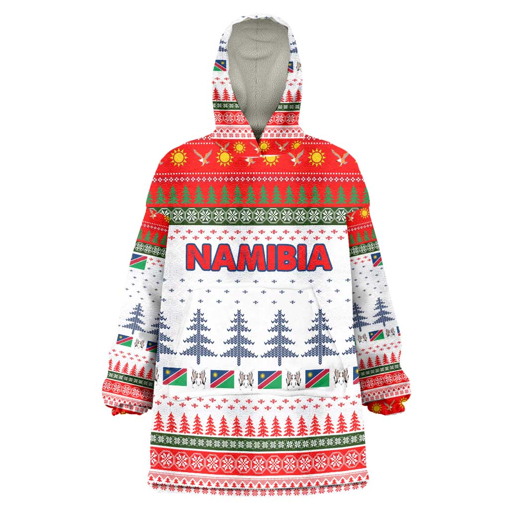 Namibia Christmas Wearable Blanket Hoodie with Red-Green Theme, Coat of Arms, and National Flag Motif - Wonder Print Shop
