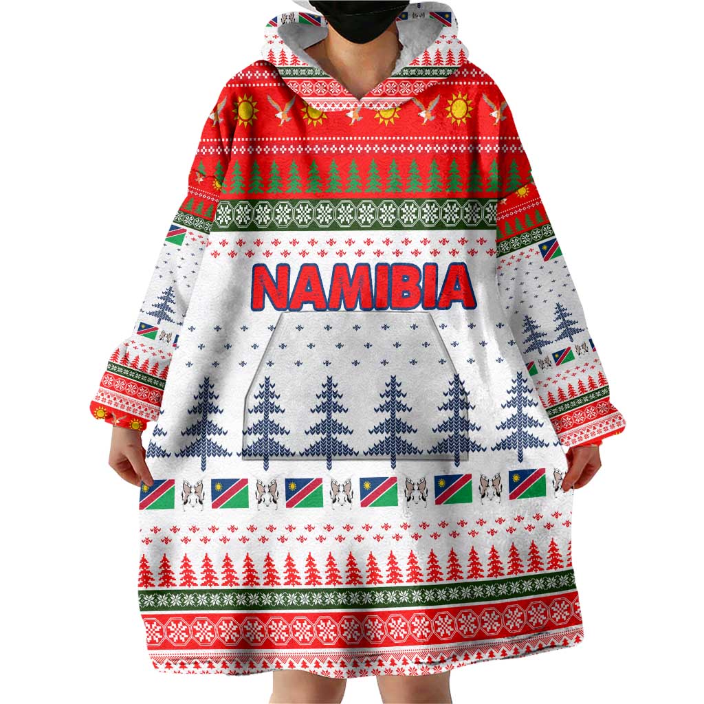 Namibia Christmas Wearable Blanket Hoodie with Red-Green Theme, Coat of Arms, and National Flag Motif - Wonder Print Shop