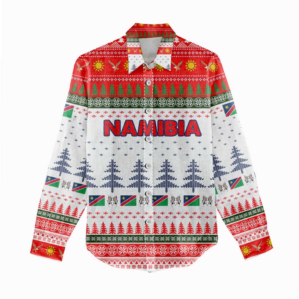 Namibia Christmas Women Casual Shirt with Red-Green Theme, Coat of Arms, and National Flag Motif - Wonder Print Shop