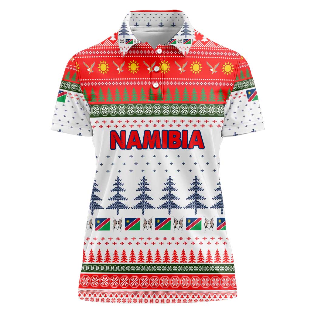 Namibia Christmas Women Polo Shirt with Red-Green Theme, Coat of Arms, and National Flag Motif - Wonder Print Shop