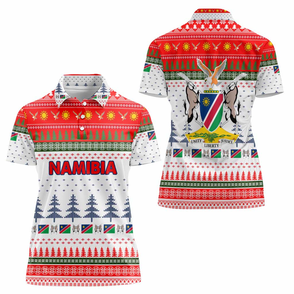 Namibia Christmas Women Polo Shirt with Red-Green Theme, Coat of Arms, and National Flag Motif - Wonder Print Shop