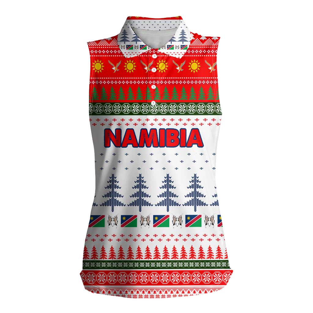 Namibia Christmas Women Sleeveless Polo Shirt with Red-Green Theme, Coat of Arms, and National Flag Motif - Wonder Print Shop