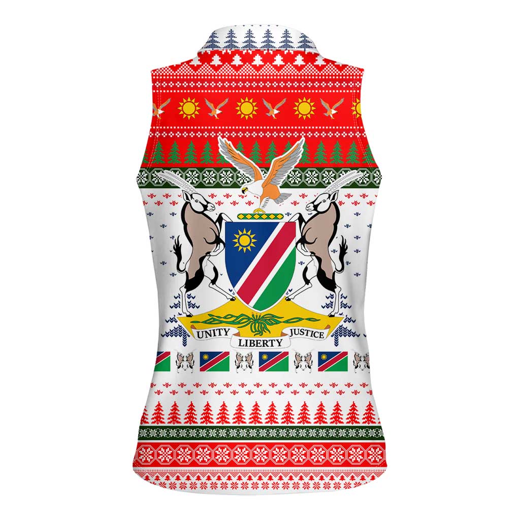 Namibia Christmas Women Sleeveless Polo Shirt with Red-Green Theme, Coat of Arms, and National Flag Motif - Wonder Print Shop
