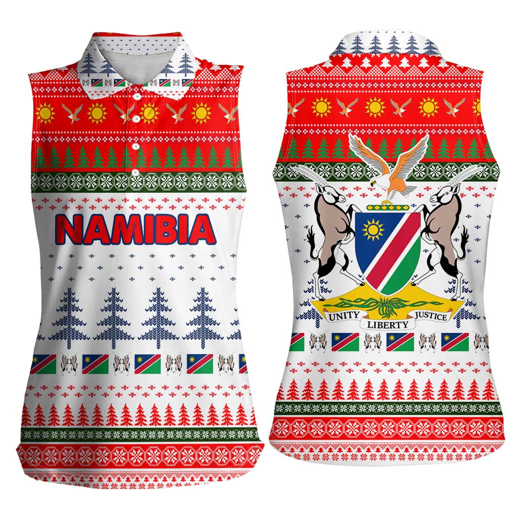 Namibia Christmas Women Sleeveless Polo Shirt with Red-Green Theme, Coat of Arms, and National Flag Motif - Wonder Print Shop