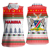 Namibia Christmas Women Sleeveless Polo Shirt with Red-Green Theme, Coat of Arms, and National Flag Motif - Wonder Print Shop