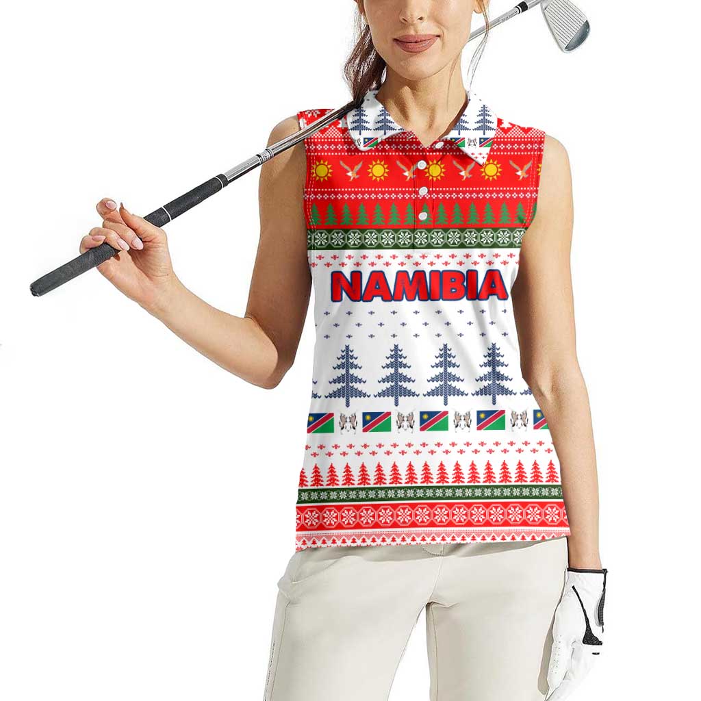 Namibia Christmas Women Sleeveless Polo Shirt with Red-Green Theme, Coat of Arms, and National Flag Motif - Wonder Print Shop