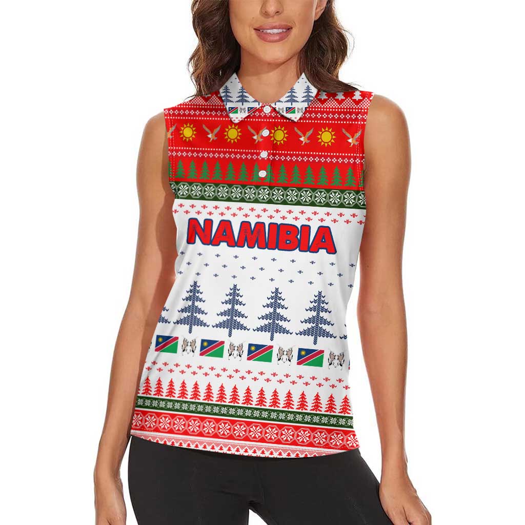 Namibia Christmas Women Sleeveless Polo Shirt with Red-Green Theme, Coat of Arms, and National Flag Motif - Wonder Print Shop