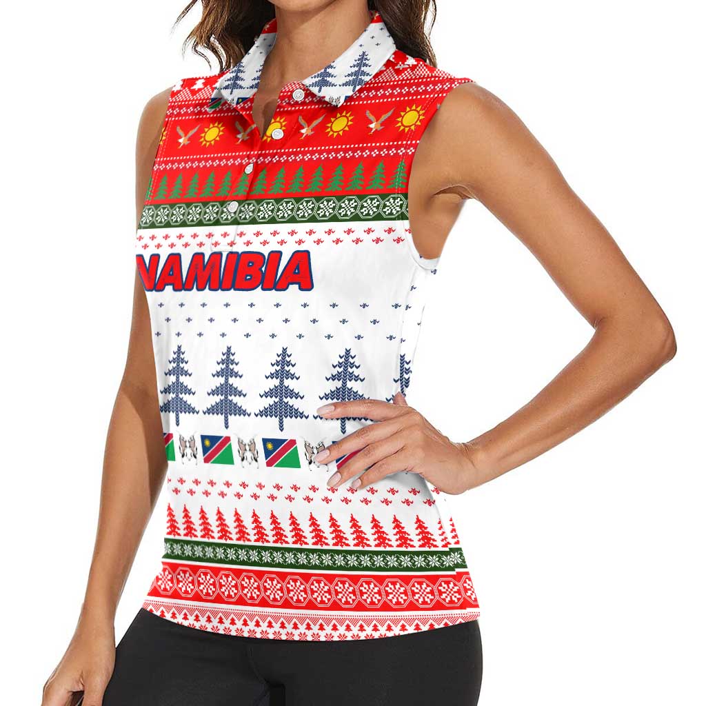 Namibia Christmas Women Sleeveless Polo Shirt with Red-Green Theme, Coat of Arms, and National Flag Motif - Wonder Print Shop