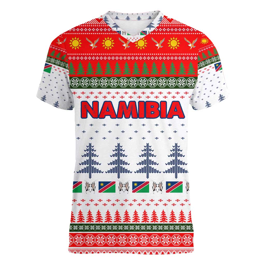 Namibia Christmas Women V-Neck T-Shirt with Red-Green Theme, Coat of Arms, and National Flag Motif - Wonder Print Shop