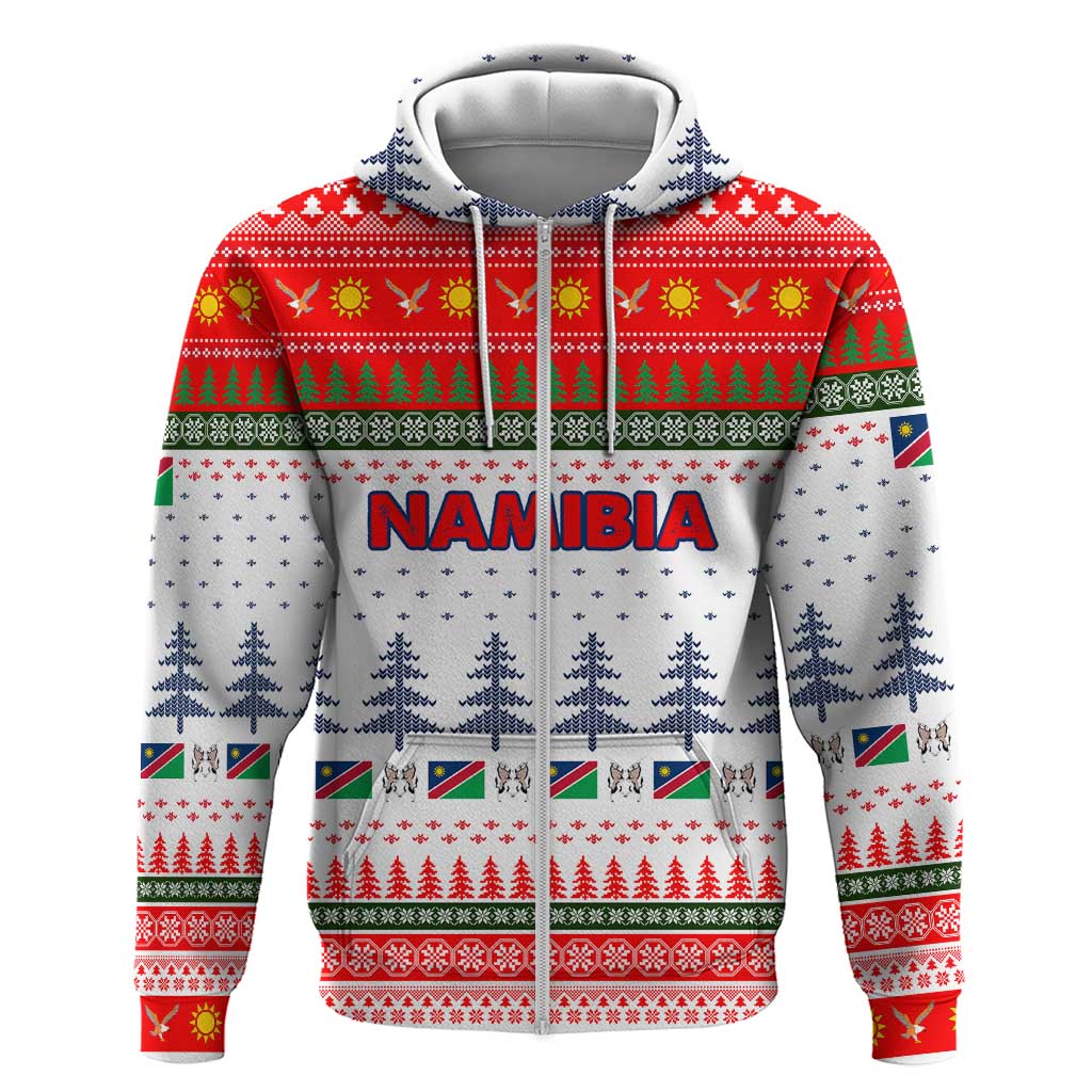 Namibia Christmas Zip Hoodie with Red-Green Theme, Coat of Arms, and National Flag Motif - Wonder Print Shop