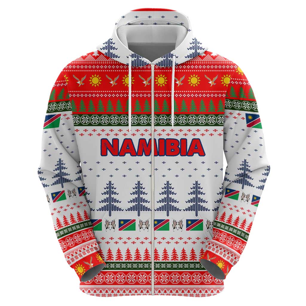 Namibia Christmas Zip Hoodie with Red-Green Theme, Coat of Arms, and National Flag Motif - Wonder Print Shop