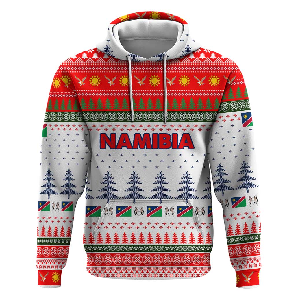 Namibia Christmas Zip Hoodie with Red-Green Theme, Coat of Arms, and National Flag Motif - Wonder Print Shop