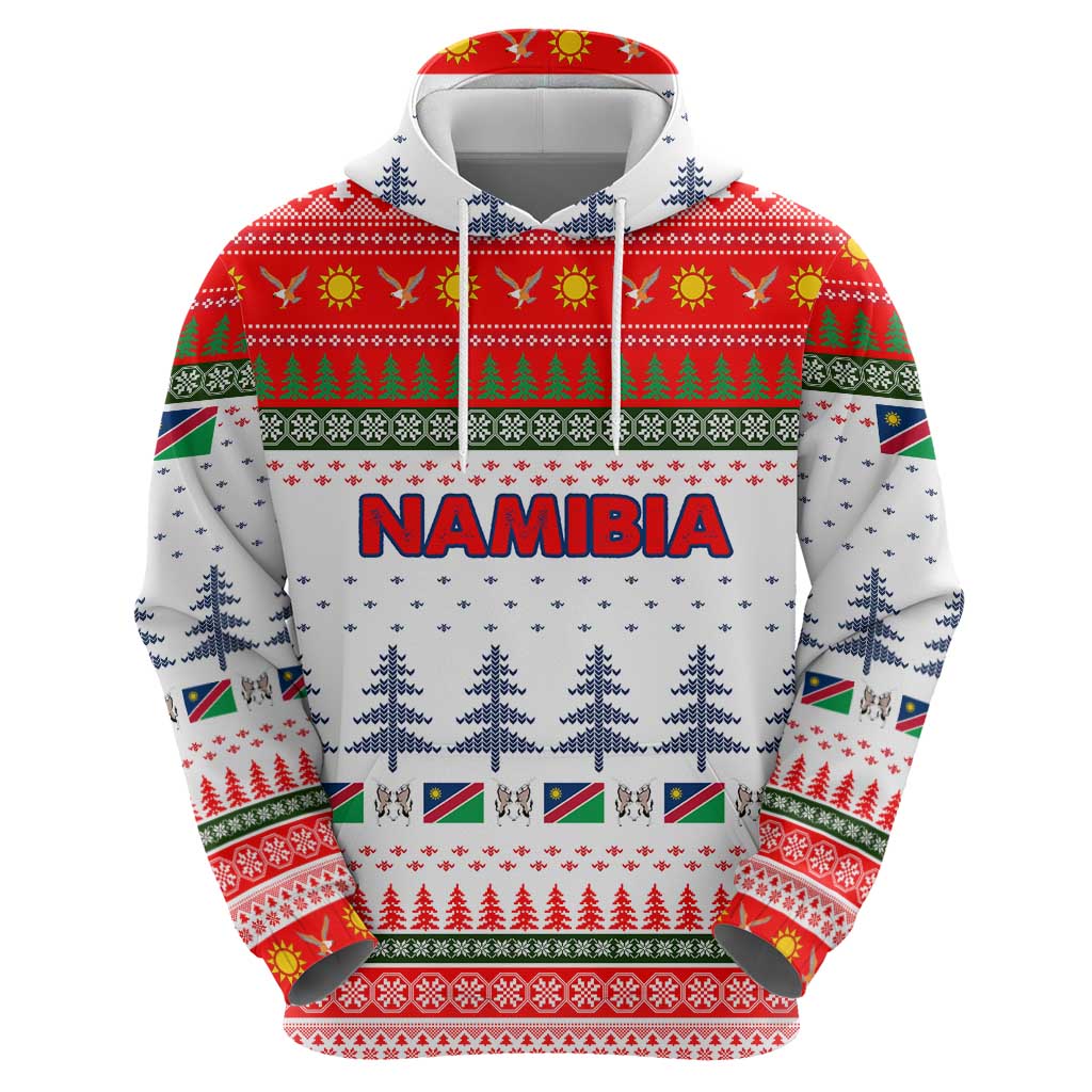Namibia Christmas Zip Hoodie with Red-Green Theme, Coat of Arms, and National Flag Motif - Wonder Print Shop