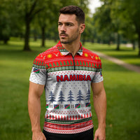 Namibia Christmas Zipper Polo Shirt with Red-Green Theme, Coat of Arms, and National Flag Motif - Wonder Print Shop